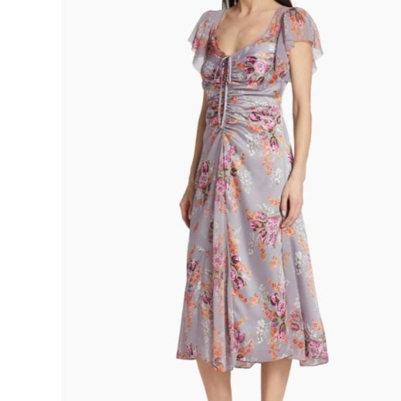 CINQ À SEPT Terrence Floral Print Ruched Flutter Sleeve Midi Dress Size 10 - Picture 4 of 9